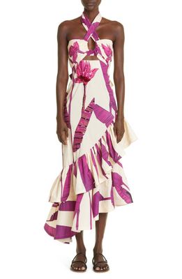Johanna Ortiz Careless Floral Asymmetric Organic Cotton Dress in Musa Ecru/Violet