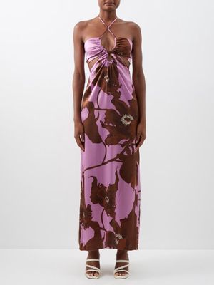 Johanna Ortiz - City Of Spices Floral-print Silk Halterneck Dress - Womens - Brown Multi