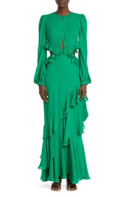Johanna Ortiz Claves Gitano Long Sleeve Ruffle Cutout Silk Maxi Dress in Jungle Emerald