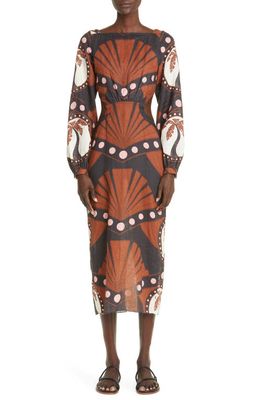 Johanna Ortiz Confianza Colectiva Long Sleeve Cotton Midi Dress in Congo Black/Chocolate/Pink