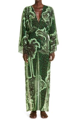 Johanna Ortiz Del Rio Tropical Print Long Sleeve Georgette Maxi Dress in Black/Green/Mystique Green