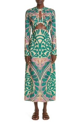 Johanna Ortiz Dreams of Amphora Metallic Abstract Print Long Sleeve Dress in Amphora Pine Green/Light Ocre