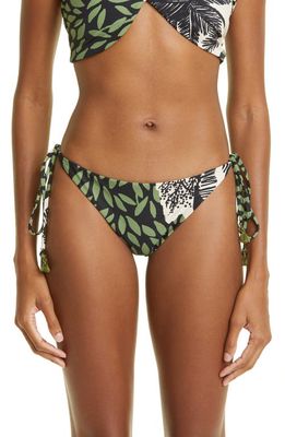 Johanna Ortiz Greenery Tropical Print Tie Bikini Bottoms in Black/Greenery/Antique Ecru