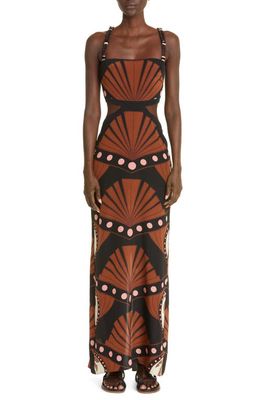 Johanna Ortiz Lideres Espirtuales Side Cutouts Silk Maxi Dress in Congo Black/Chocolate/Pink