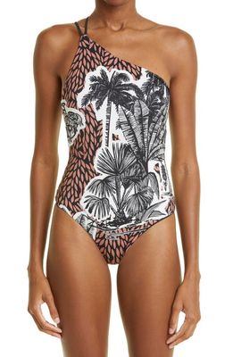 Johanna Ortiz Magia Y Sol Tropical Print One-Shoulder One-Piece Swimsuit in Burnt Maroon/Black/Ecru