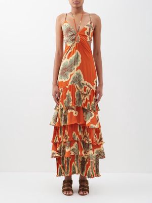 Johanna Ortiz - Naranjo Cutout Tiered Floral-print Dress - Womens - Orange Multi