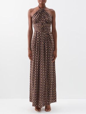 Johanna Ortiz - Palm Tree Collector Printed Silk Halterneck Dress - Womens - Brown