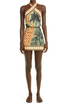 Johanna Ortiz Reminders of Paradise Tropical Print Cutout Cotton Minidress in Toile Chocolate/Greenery