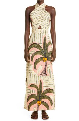 Johanna Ortiz Ritos de Duelo Tropical Print Cutout Cotton Maxi Dress in Mustard Orange/Ecru/Wine