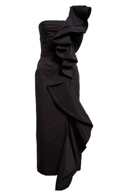 Johanna Ortiz Rosette One-Shoulder Stretch Cotton Dress in Black