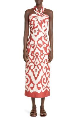 Johanna Ortiz Shell Shadows Floral Print Stretch Cotton Maxi Dress in Ikat Marsala Ecru