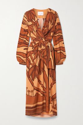 Johanna Ortiz - Sociedades Antiguas Printed Silk Crepe De Chine Midi Wrap Dress - Orange