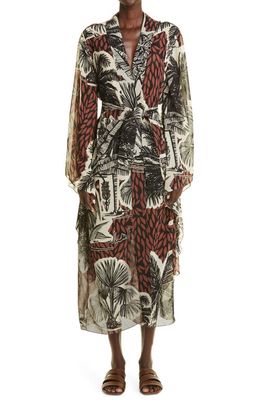 Johanna Ortiz Swamp Forest Tropical Print Long Sleeve Chiffon Wrap Dress in Burnt Maroon/Black/Ecru