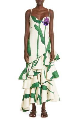 Johanna Ortiz Tesoro Geologico Ruffle Wool & Silk Maxi Dress in Musa Ecru/Forest Green