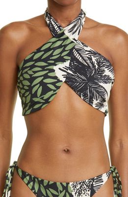 Johanna Ortiz Tropical Print Halter Bikini Top in Black/Greenery/Antique Ecru