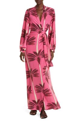 Johanna Ortiz Untamed Tropics Long Sleeve Silk Wrap Maxi Dress in Cuba Pink/Wine