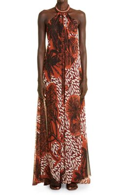 Johanna Ortiz Victoria Falls Tropical Print Halter Neck Chiffon Maxi Dress in Black/Red Plum/Turquoise