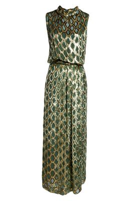 Johanna Ortiz Vie de Boheme Devoré Velvet Maxi Dress in Rombus Gold/Green