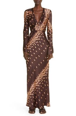 Johanna Ortiz Voragine Abstract Print Long Sleeve Silk Dress in Kasuri Chocolate/Pink