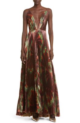 Johanna Ortiz Western Gardens Metallic Pleated Maxi Dress in Eucalyptus Chocolate/Aqua