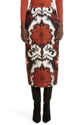 Johanna Ortiz Winter Dalliance Print Wool & Silk Midi Skirt in Ikat Black Bordeaux