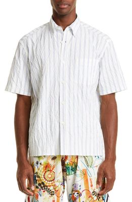 John Elliott Crinkled Stripe Short Sleeve Button-Down Shirt in White X Blue