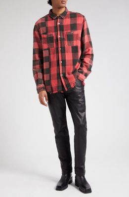 John Elliott Silverado Distressed Plaid Cotton Shirt in Red X Black