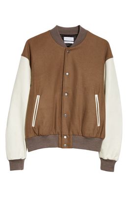 John Elliott Wool Blend & Leather Varsity Jacket in Bark X Ivory