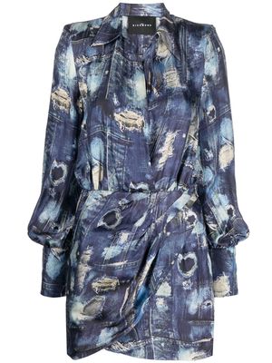 John Richmond abstract-print pleat-detail minidress - Blue