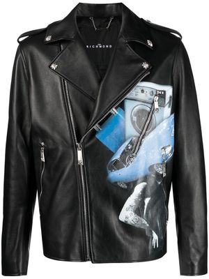 John Richmond graphic-print leather biker jacket - Black