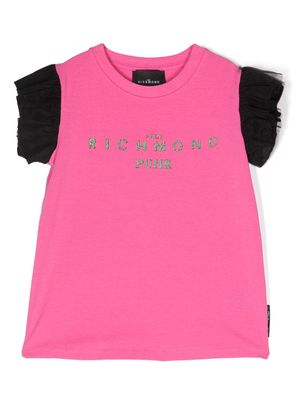John Richmond Junior logo-print ruffle-sleeve T-shirt - Pink