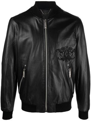 John Richmond leather embroidered-logo bomber jacket - Black