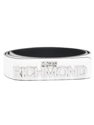 John Richmond metallic logo-buckle leather belt - White