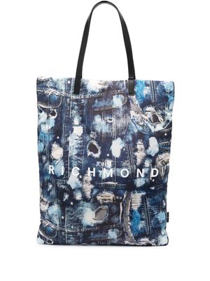 John Richmond ripped denim-print tote bag - Blue