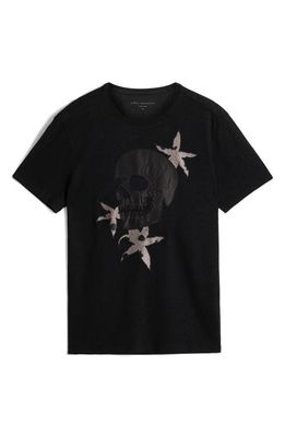 John Varvatos Embellished Skull Floral Linen & Modal Graphic Tee in Black