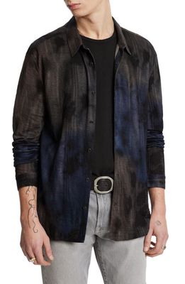 John Varvatos Regular Fit Watercolor Print Linen Button-Up Shirt in Ink Blue