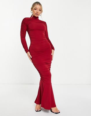 John Zack ruched flared maxi dress in red