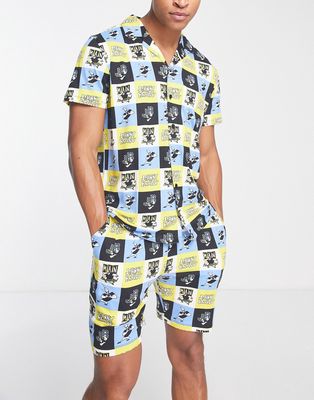 Johnny Bravo pajama shorts set in blue and yellow print