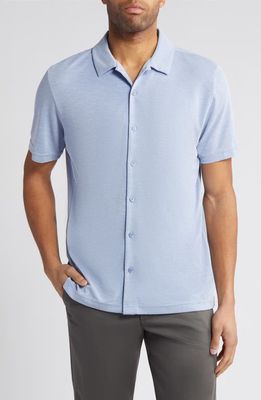 Johnston & Murphy Bird's Eye Short Sleeve Knit Button-Up Shirt in Blue