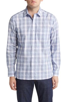 Johnston & Murphy Check Print Linen & Cotton Button-Up Shirt in Blue