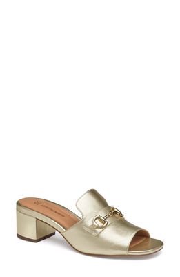 Johnston & Murphy Edith Block Heel Sandal in Gold Metallic Sheepskin