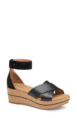 Johnston & Murphy Gigi Ankle Strap Platform Wedge Sandal in Black Calfskin/Suede