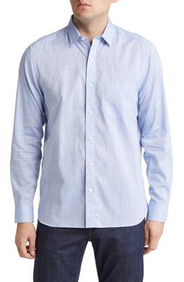 Johnston & Murphy Windowpane Plaid Cotton & Linen Button-Up Shirt in Blue