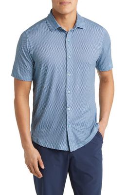 Johnston & Murphy XC4® Geo Print Performance Short Sleeve Button-Up Shirt in Navy/Mint