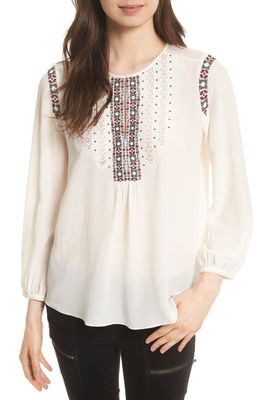 Joie Clema Embroidered Bib Silk Top in Porcelain