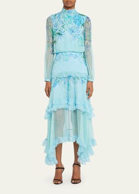 Jolie-C Floral Silk Tiered-Ruffle Midi Dress