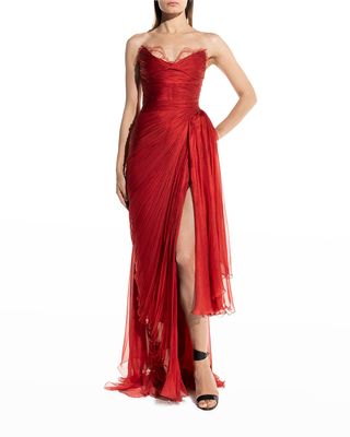 Jolie Metallic Plisse Draped Corset Gown w/ Lace-Trim