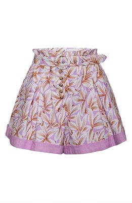 Jonathan Simkhai Lillian Floral Paperbag Waist Linen Blend Shorts in Lilac Print