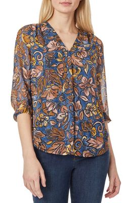 Jones New York Floral Pleat Front Chiffon Tunic Top in Mineral Blue Combo