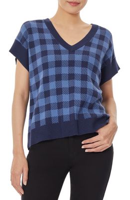 Jones New York Gingham Jacquard Short Sleeve Cotton Blend Sweater in Collection Navy/Mineral Blue